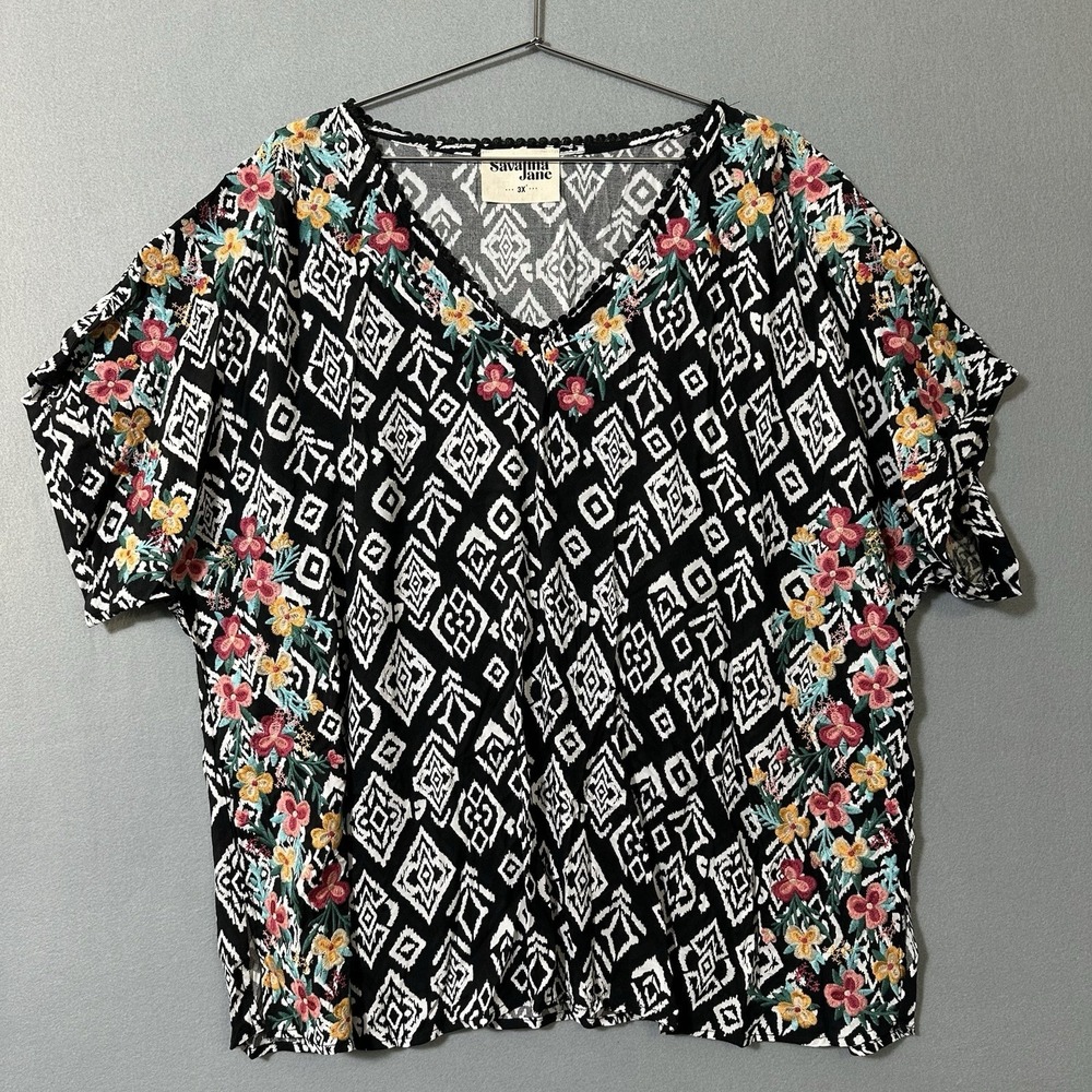 Savanna Jane Popover Top Black Floral Embroidered Boho Artsy Womens's 3X NWOT